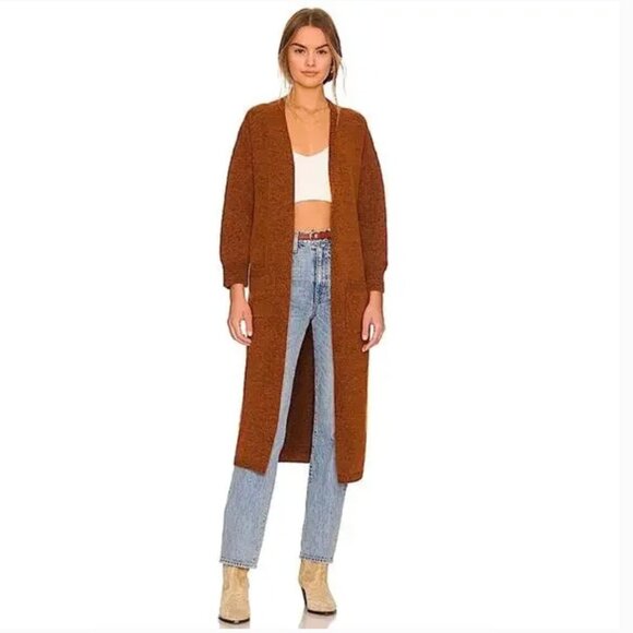 REVOLVE Line and Dot Burnt Orange Duster Open Front Cardigan w/ Belt & Pockets L - Picture 3 of 16